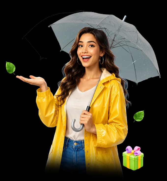Host holding umbrella — Watch, play and win amazing prizes